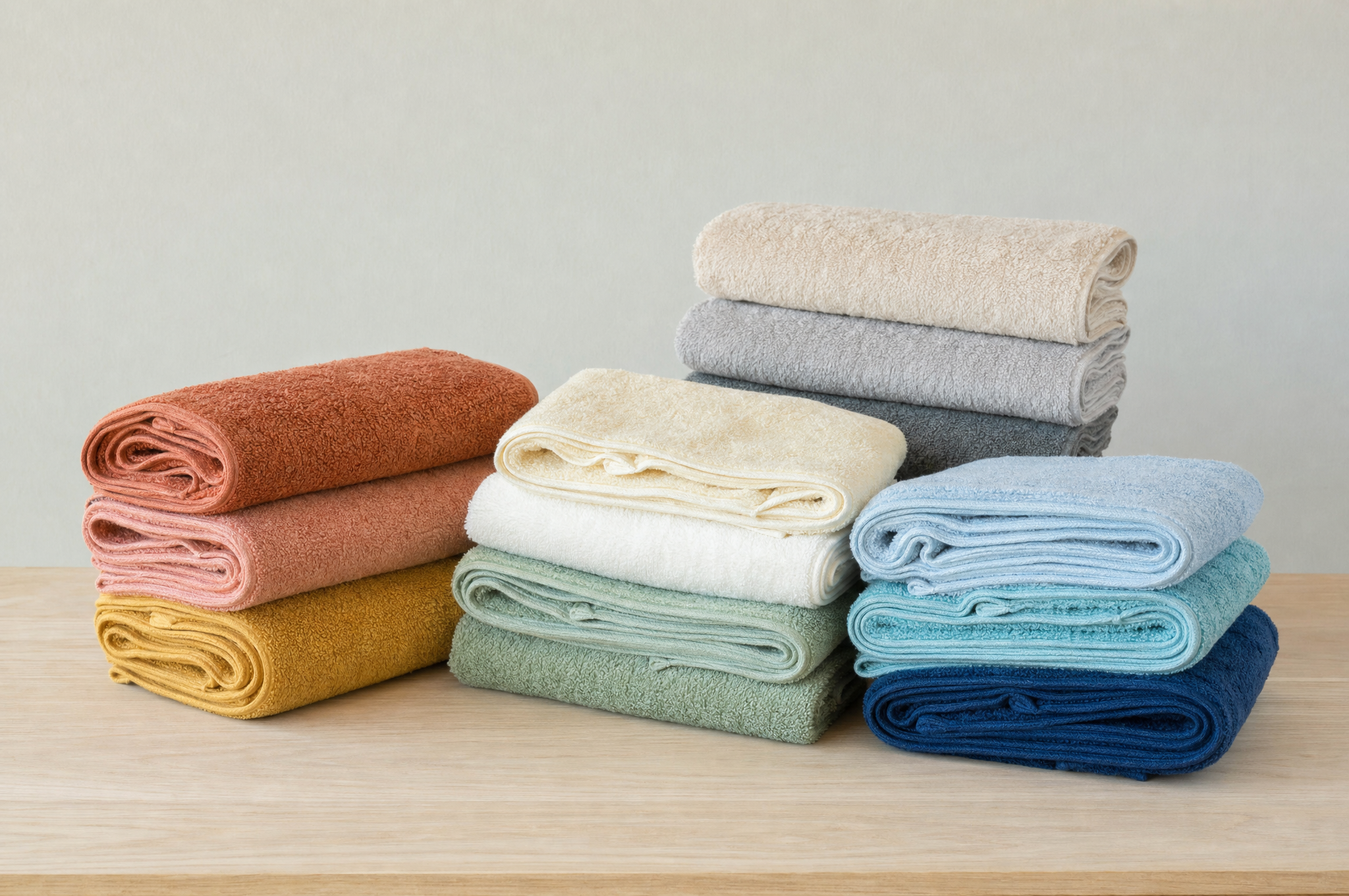 Toallas de baño dobladas en varios colores