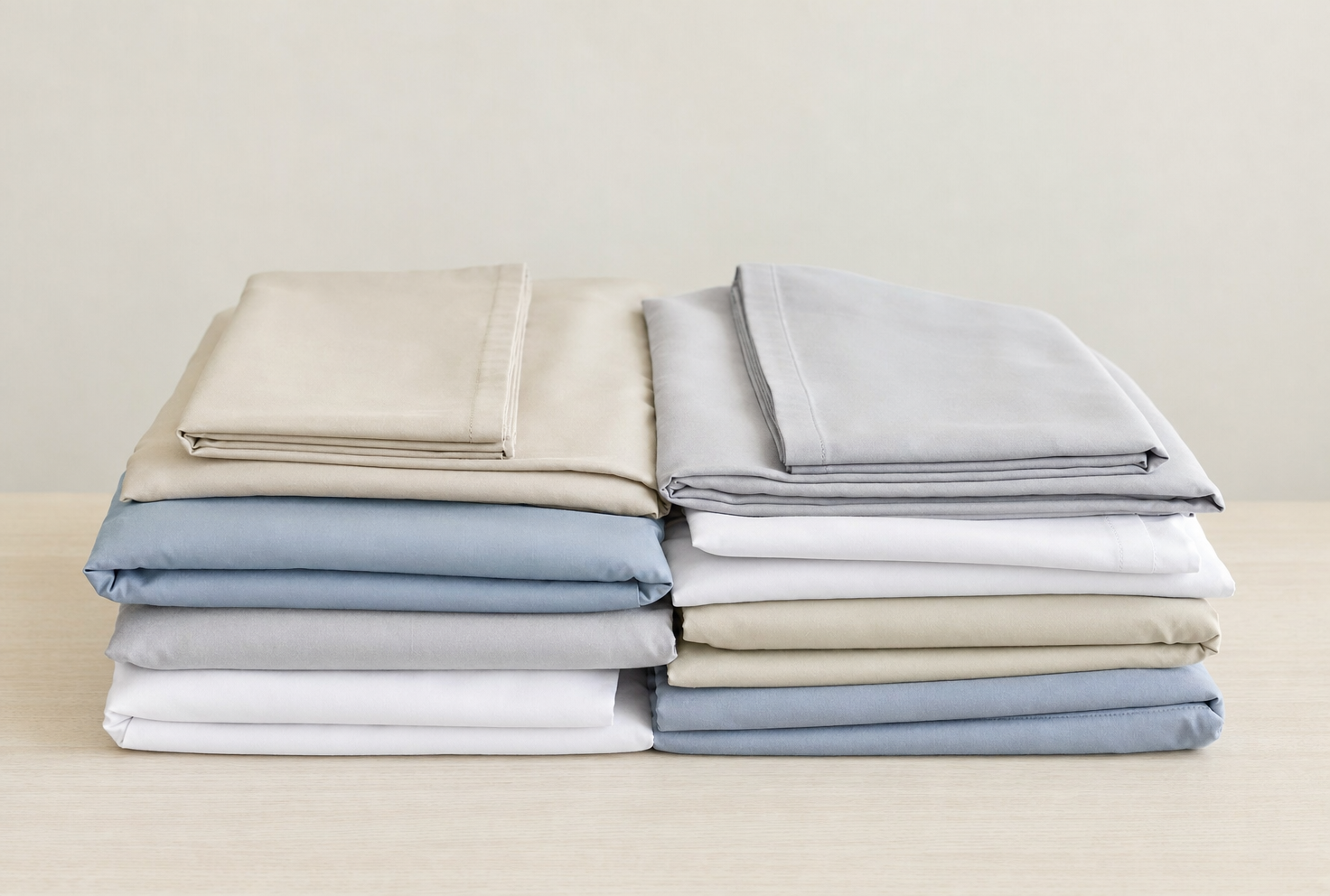 Sábanas lisas dobladas en blanco, gris, beige y otros tonos suaves